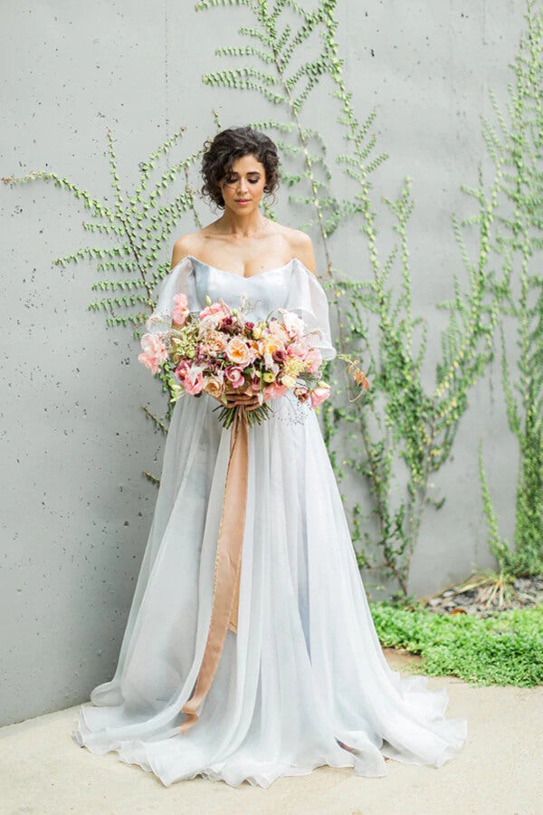 NumberSea Unique Grey Chiffon A-line Off Shoulder Wedding Dress, Wedding Gown, MW712