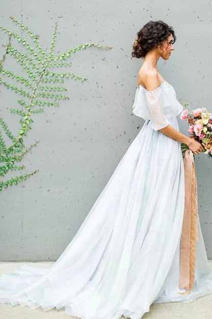 NumberSea Unique Grey Chiffon A-line Off Shoulder Wedding Dress, Wedding Gown, MW712