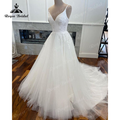 V Neck Spaghetti Straps Lace Appliques A Line Wedding Dress Satin Tulle 2025 Robe Mariee Boheme Chic Bridal Gown Bridal Elegant