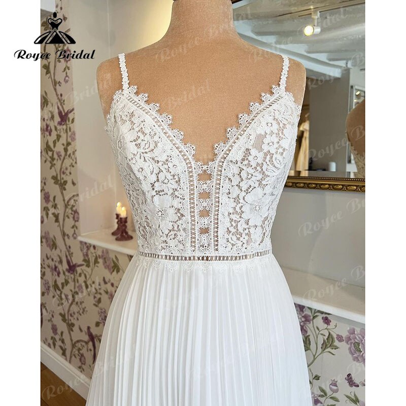 V Neck Wedding Dress Lace Bodice Spaghetti Straps Boho Runched Chiffon 2025 Robe Civil Bridal A Line Beach Summer Wedding Gowns