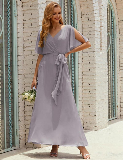 Numbersea V-Neck Bridesmaid Dress Long Formal Dresses with Belt for 28022-numbersea