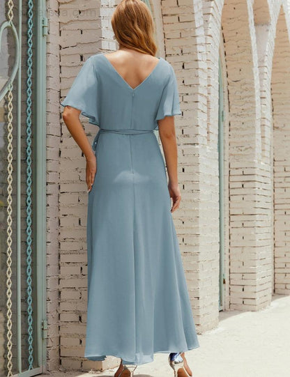 Numbersea V-Neck Bridesmaid Dress Long Formal Dresses with Belt for 28022-numbersea