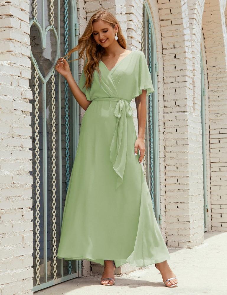 Numbersea V-Neck Bridesmaid Dress Long Formal Dresses with Belt for 28022-numbersea