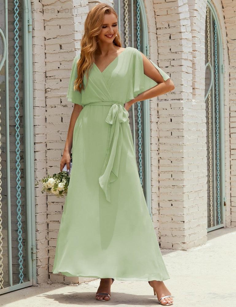 Numbersea V-Neck Bridesmaid Dress Long Formal Dresses with Belt for 28022-numbersea