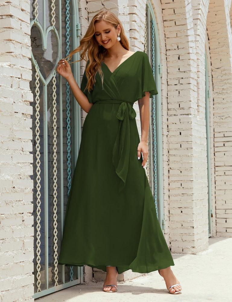 Numbersea V-Neck Bridesmaid Dress Long Formal Dresses with Belt for 28022-numbersea