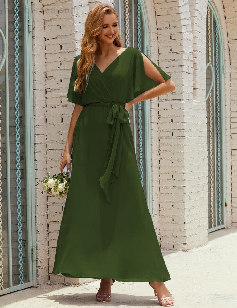 Numbersea V-Neck Bridesmaid Dress Long Formal Dresses with Belt for 28022-numbersea