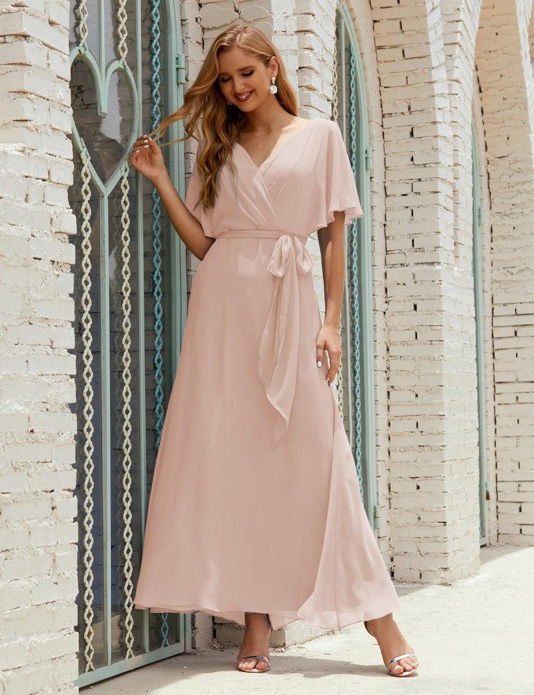 Numbersea V-Neck Bridesmaid Dress Long Formal Dresses with Belt for 28022-numbersea