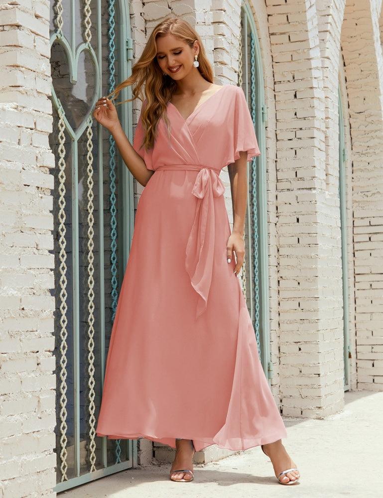 Numbersea V-Neck Bridesmaid Dress Long Formal Dresses with Belt for 28022-numbersea