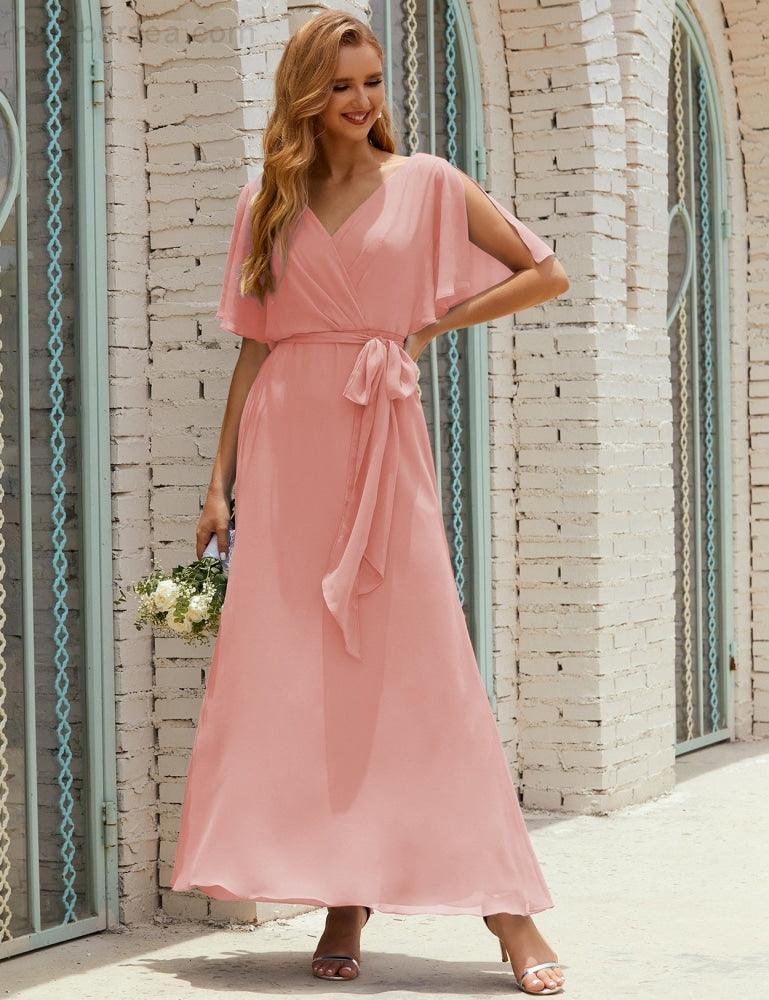 Numbersea V-Neck Bridesmaid Dress Long Formal Dresses with Belt for 28022-numbersea