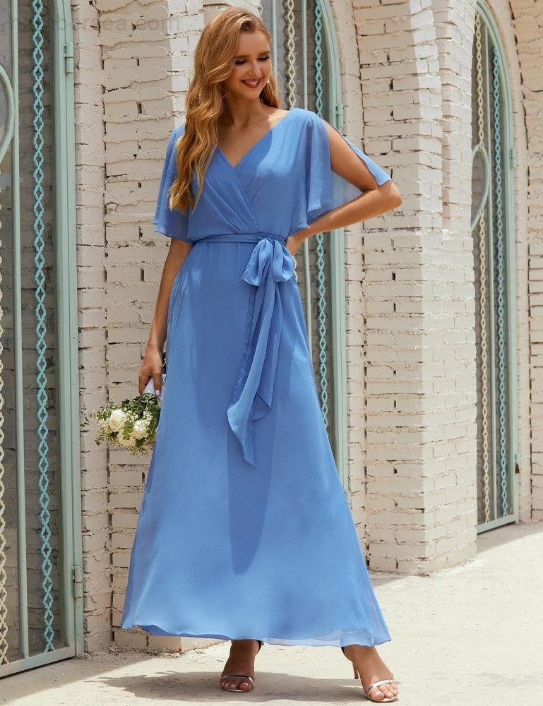 Numbersea V-Neck Bridesmaid Dress Long Formal Dresses with Belt for 28022-numbersea