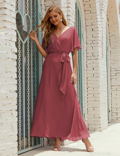 Numbersea V-Neck Bridesmaid Dress Long Formal Dresses with Belt for 28022-numbersea