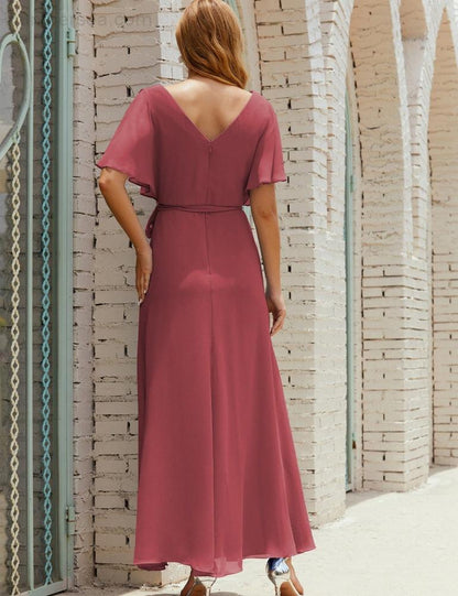 Numbersea V-Neck Bridesmaid Dress Long Formal Dresses with Belt for 28022-numbersea