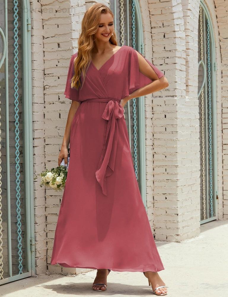 Numbersea V-Neck Bridesmaid Dress Long Formal Dresses with Belt for 28022-numbersea