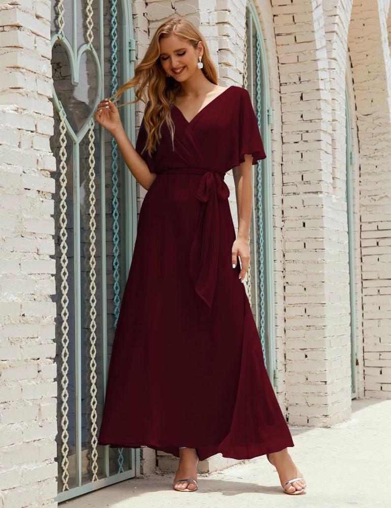 Numbersea V-Neck Bridesmaid Dress Long Formal Dresses with Belt for 28022-numbersea