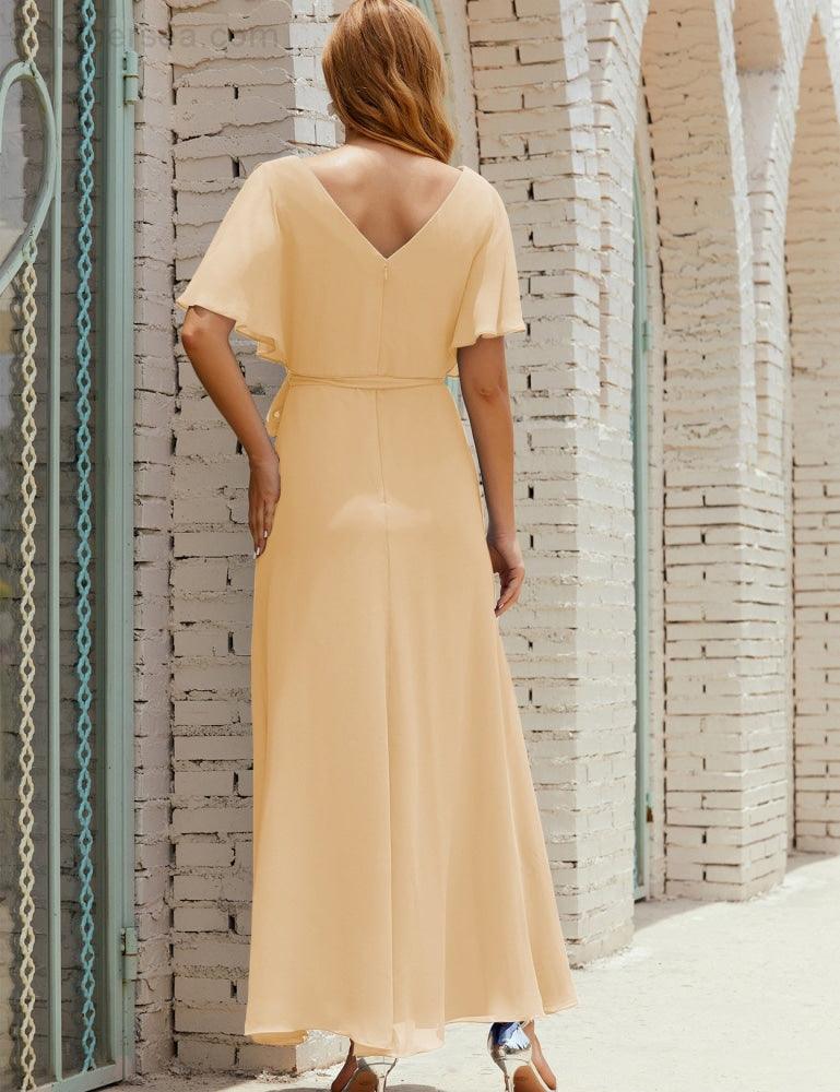 Numbersea V-Neck Bridesmaid Dress Long Formal Dresses with Belt for 28022-numbersea