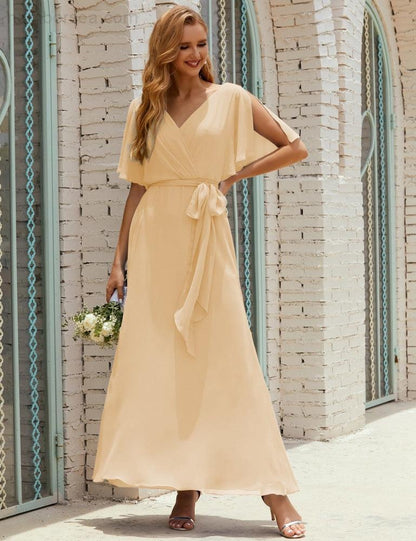 Numbersea V-Neck Bridesmaid Dress Long Formal Dresses with Belt for 28022-numbersea