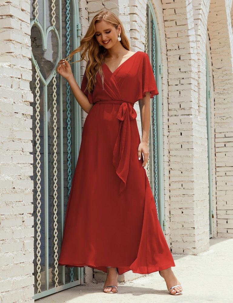 Numbersea V-Neck Bridesmaid Dress Long Formal Dresses with Belt for 28022-numbersea