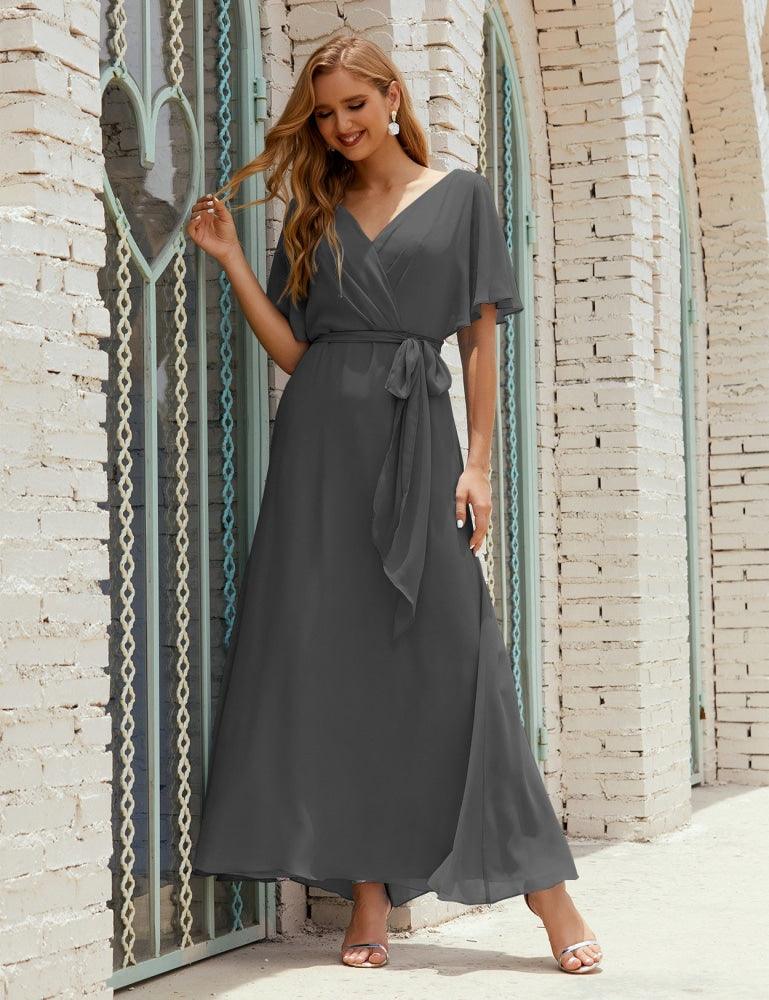 Numbersea V-Neck Bridesmaid Dress Long Formal Dresses with Belt for 28022-numbersea