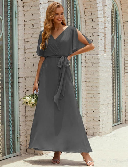 Numbersea V-Neck Bridesmaid Dress Long Formal Dresses with Belt for 28022-numbersea