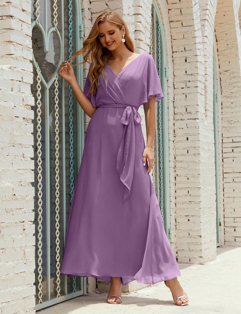 Numbersea V-Neck Bridesmaid Dress Long Formal Dresses with Belt for 28022-numbersea