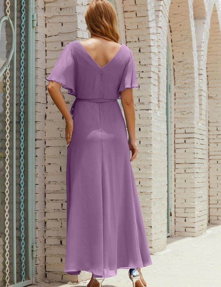 Numbersea V-Neck Bridesmaid Dress Long Formal Dresses with Belt for 28022-numbersea