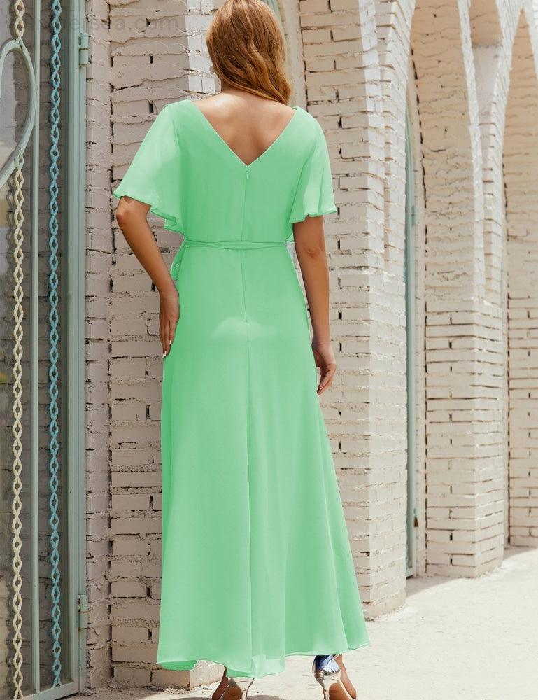 Numbersea V-Neck Bridesmaid Dress Long Formal Dresses with Belt for 28022-numbersea