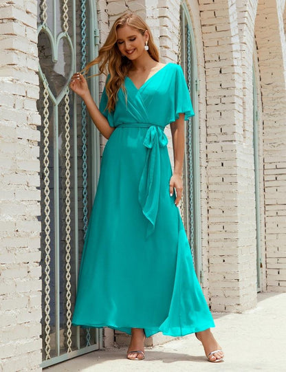 Numbersea V-Neck Bridesmaid Dress Long Formal Dresses with Belt for 28022-numbersea