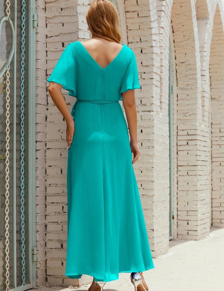 Numbersea V-Neck Bridesmaid Dress Long Formal Dresses with Belt for 28022-numbersea