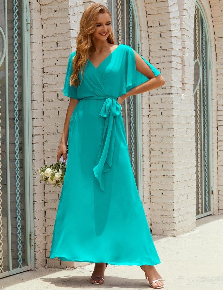 Numbersea V-Neck Bridesmaid Dress Long Formal Dresses with Belt for 28022-numbersea