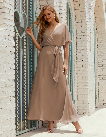 Numbersea V-Neck Bridesmaid Dress Long Formal Dresses with Belt for 28022-numbersea