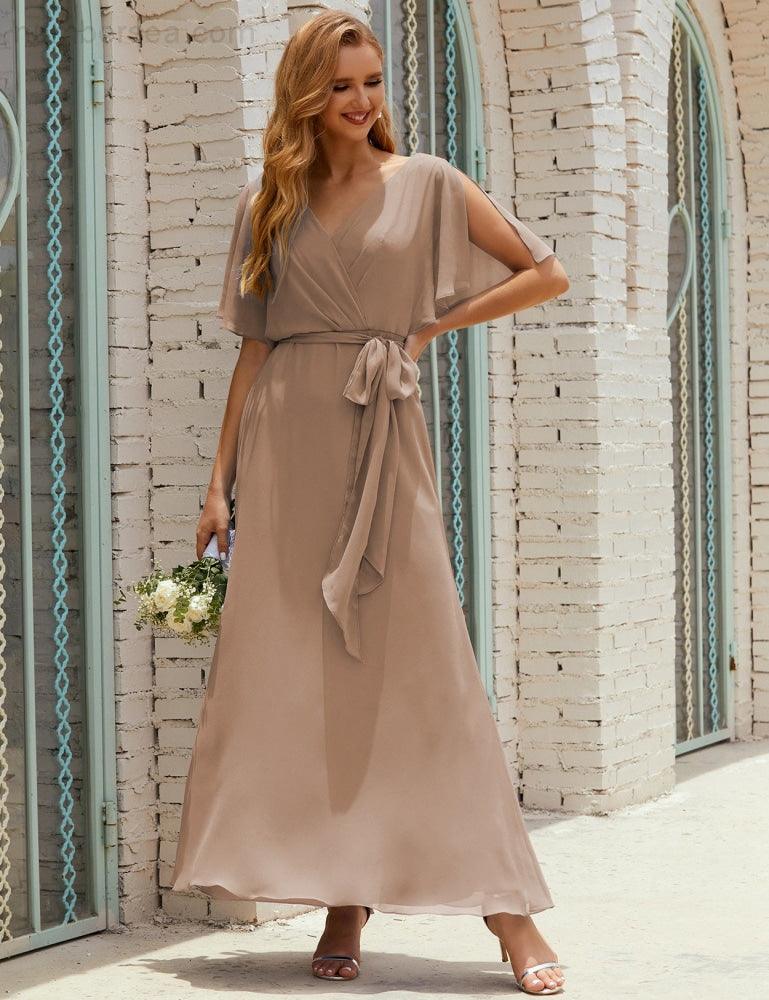 Numbersea V-Neck Bridesmaid Dress Long Formal Dresses with Belt for 28022-numbersea