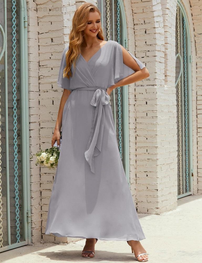 Numbersea V-Neck Bridesmaid Dress Long Formal Dresses with Belt for 28022-numbersea