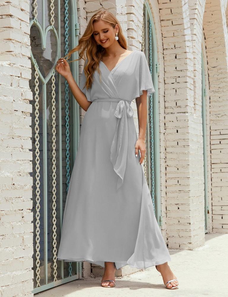 Numbersea V-Neck Bridesmaid Dress Long Formal Dresses with Belt for 28022-numbersea