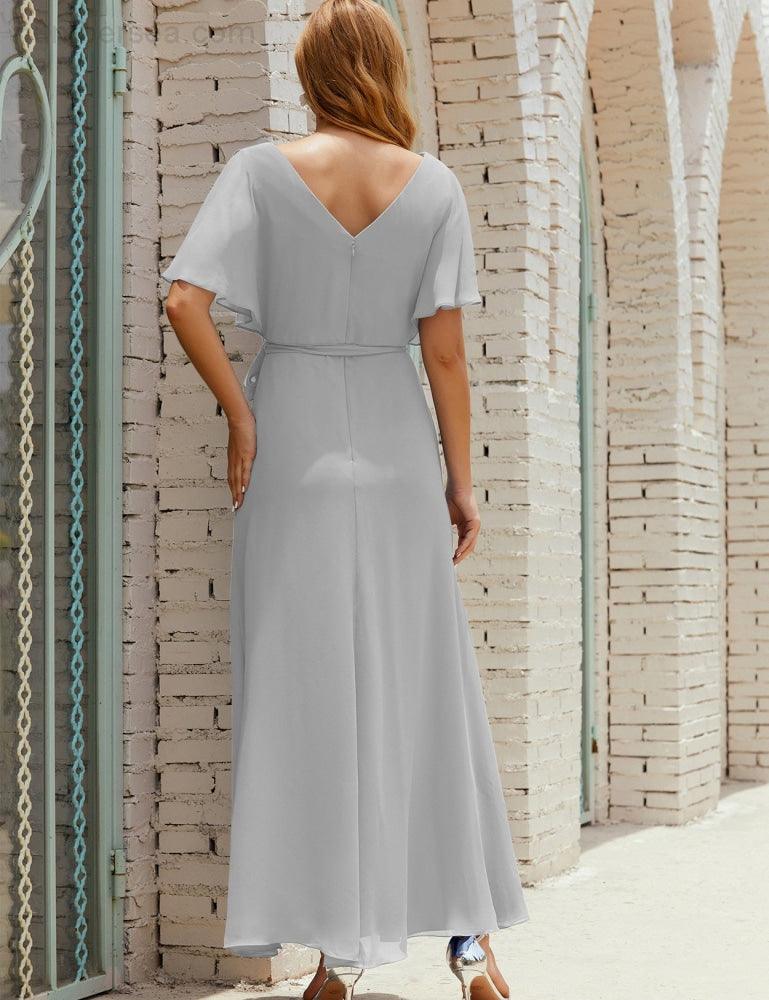 Numbersea V-Neck Bridesmaid Dress Long Formal Dresses with Belt for 28022-numbersea