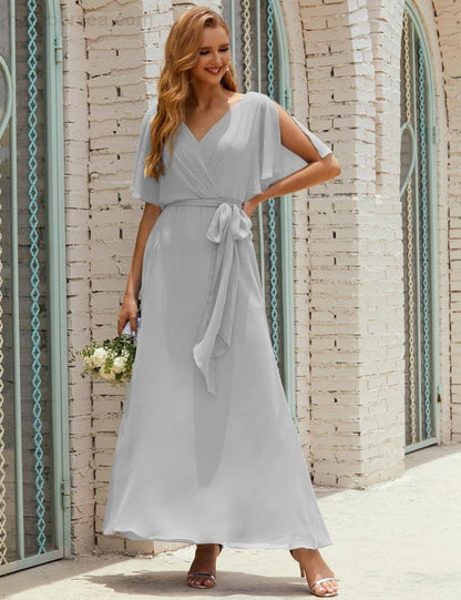 Numbersea V-Neck Bridesmaid Dress Long Formal Dresses with Belt for 28022-numbersea