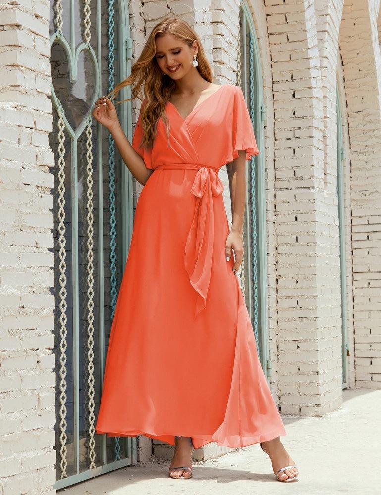 Numbersea V-Neck Bridesmaid Dress Long Formal Dresses with Belt for 28022-numbersea