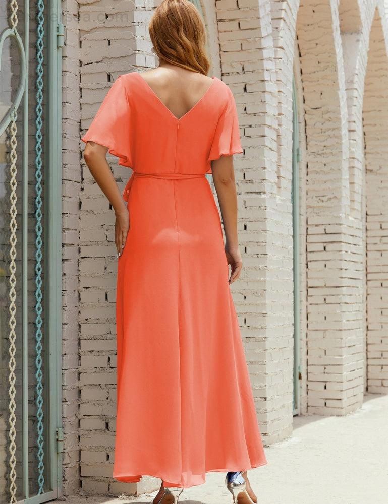 Numbersea V-Neck Bridesmaid Dress Long Formal Dresses with Belt for 28022-numbersea