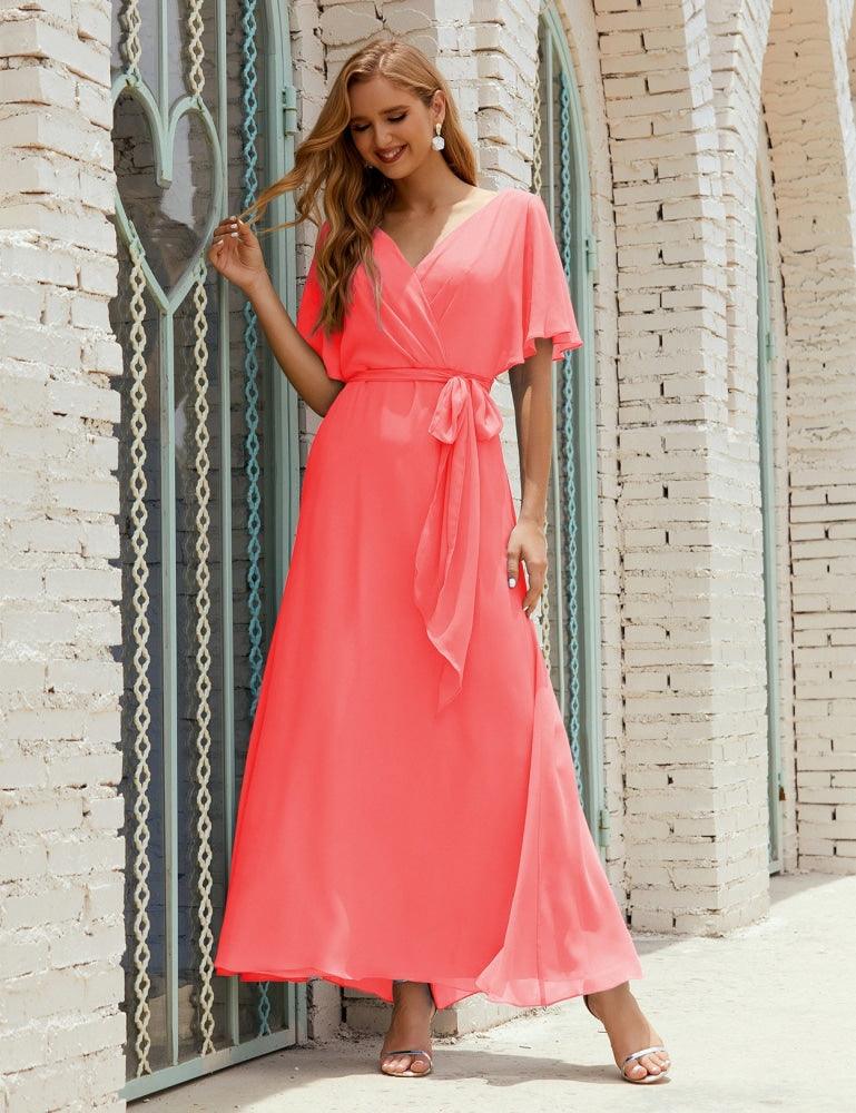 Numbersea V-Neck Bridesmaid Dress Long Formal Dresses with Belt for 28022-numbersea