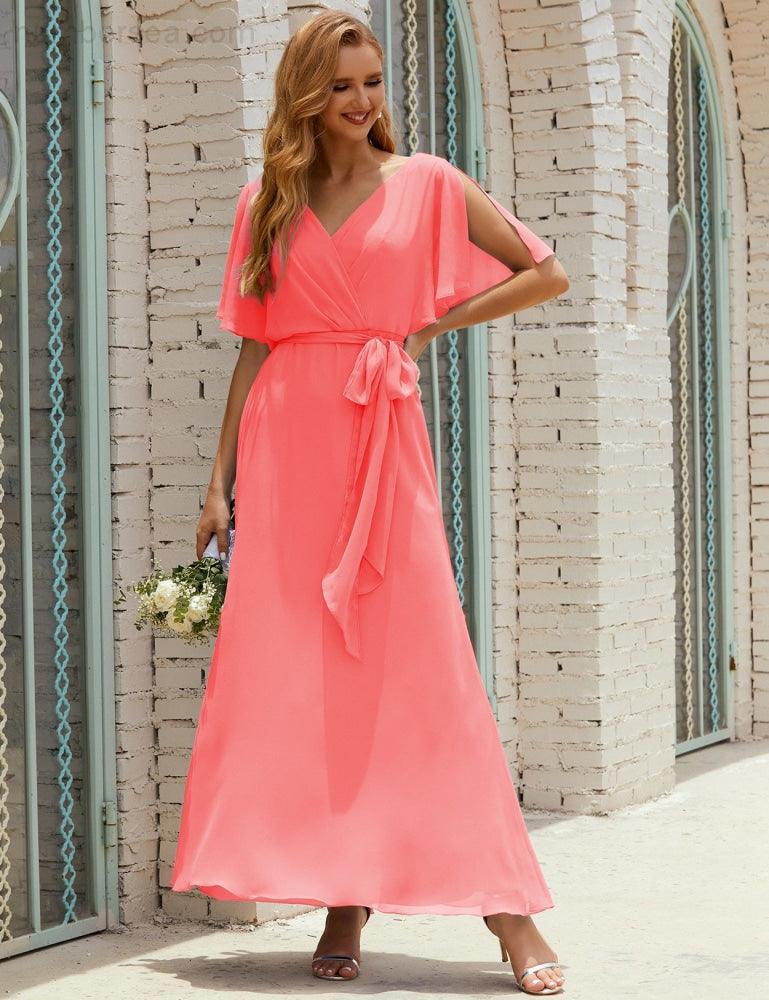 Numbersea V-Neck Bridesmaid Dress Long Formal Dresses with Belt for 28022-numbersea