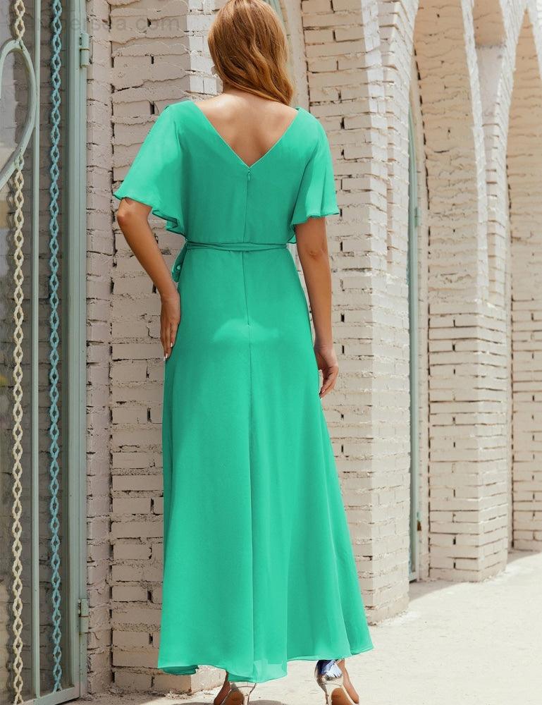 Numbersea V-Neck Bridesmaid Dress Long Formal Dresses with Belt for 28022-numbersea