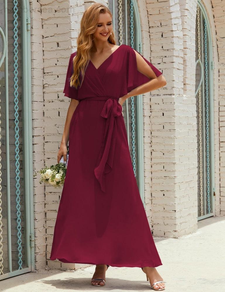 Numbersea V-Neck Bridesmaid Dress Long Formal Dresses with Belt for 28022-numbersea