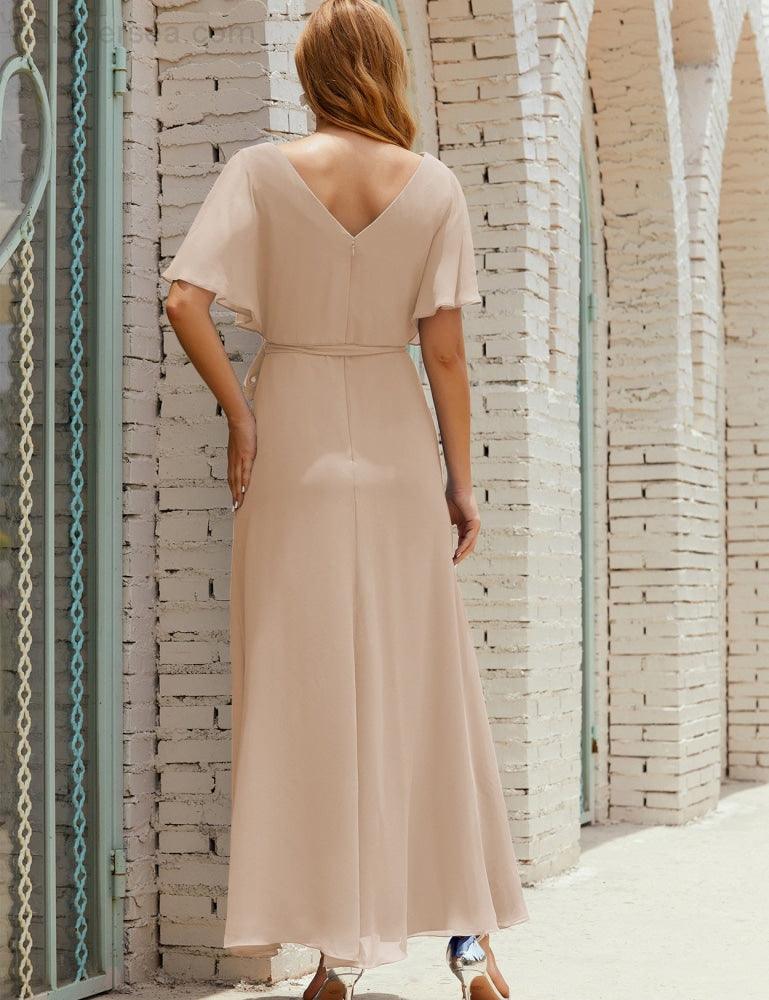 Numbersea V-Neck Bridesmaid Dress Long Formal Dresses with Belt for 28022-numbersea