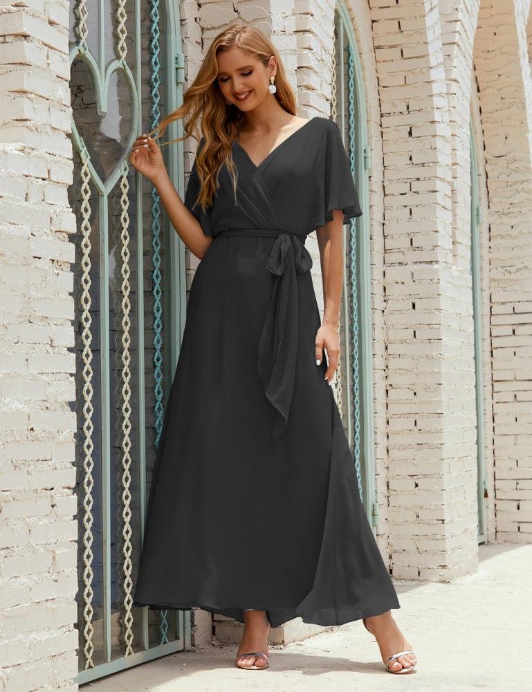 Numbersea V-Neck Bridesmaid Dress Long Formal Dresses with Belt for 28022-numbersea