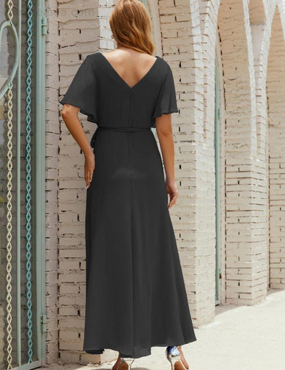 Numbersea V-Neck Bridesmaid Dress Long Formal Dresses with Belt for 28022-numbersea