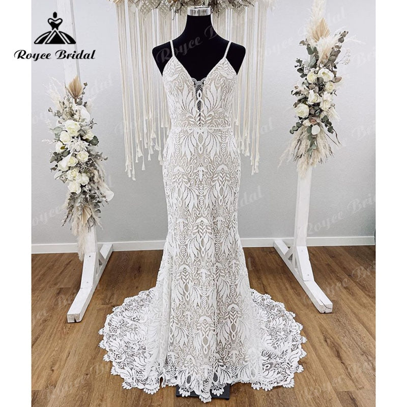 Vestido Boho Spaghetti Straps Wedding Dress for Women Lace Backless Mermaid/Trumpet Bridal V Neck vestido de boda corte sirena