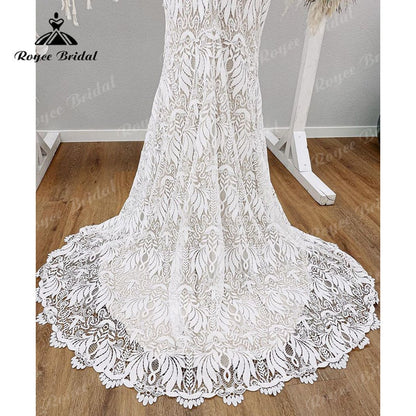 Vestido Boho Spaghetti Straps Wedding Dress for Women Lace Backless Mermaid/Trumpet Bridal V Neck vestido de boda corte sirena