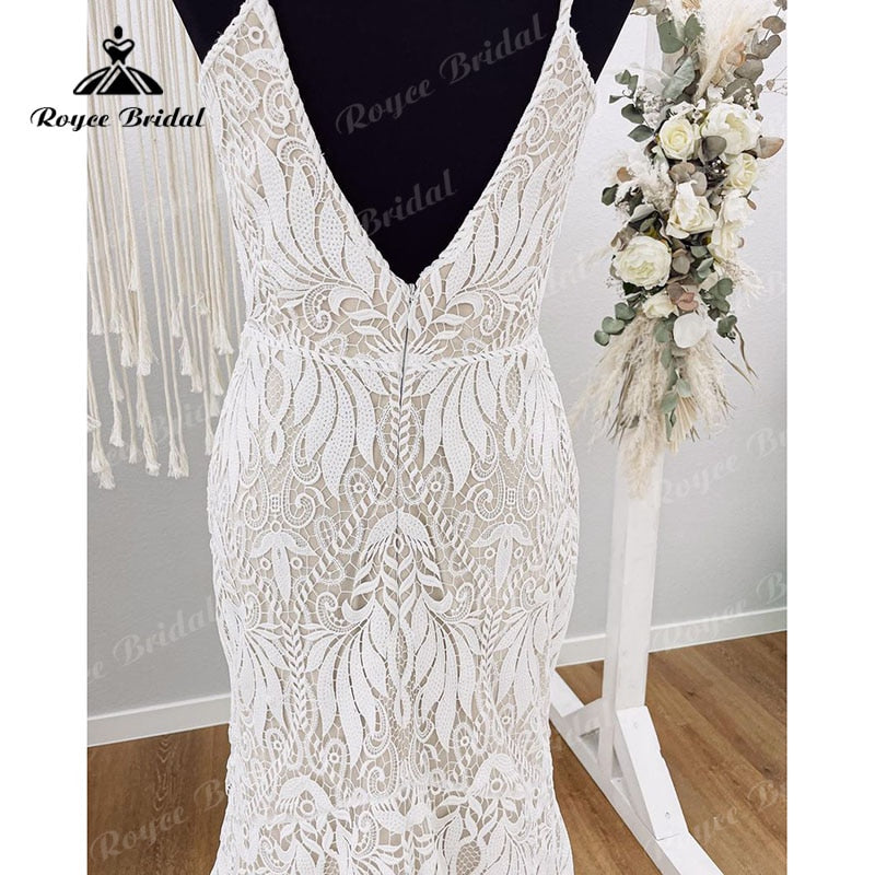 Vestido Boho Spaghetti Straps Wedding Dress for Women Lace Backless Mermaid/Trumpet Bridal V Neck vestido de boda corte sirena