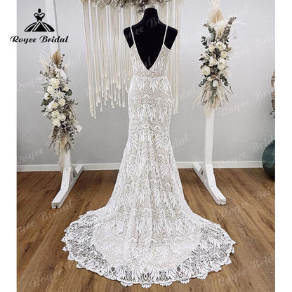 Vestido Boho Spaghetti Straps Wedding Dress for Women Lace Backless Mermaid/Trumpet Bridal V Neck vestido de boda corte sirena