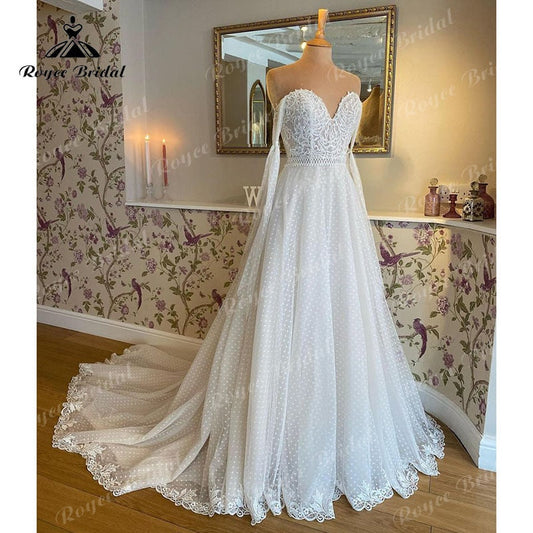 NumberSea Vestido Novia A-Linie Hochzeitskleid Spitze Applique Weg Von der Schulter Liebsten Polka Dots Tüll Brautkleider Robe de mariée 2022 