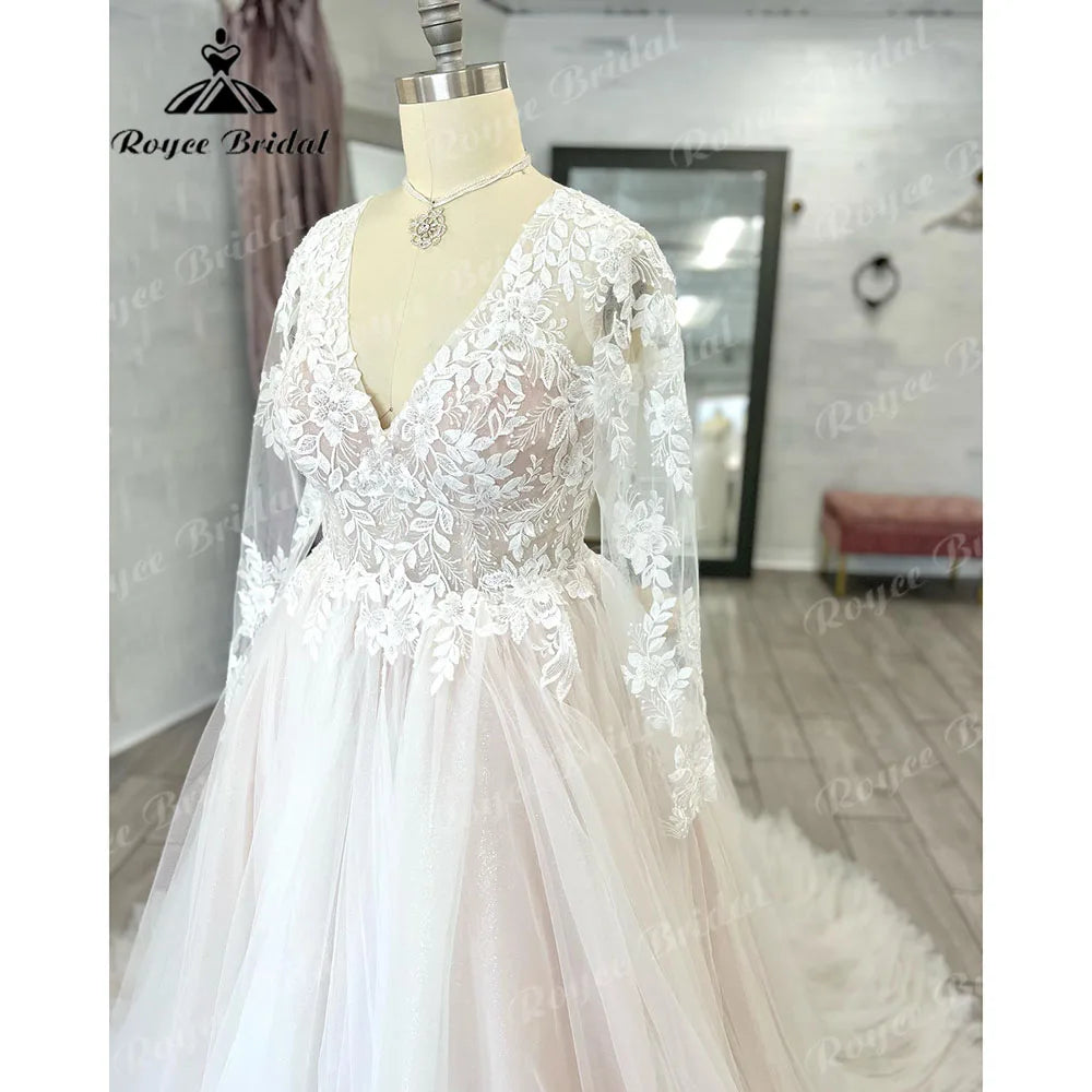 Vestido Novia Long Sleeve Lace Plus Size Backless V Neckline Wedding Dress for Bride 2024 Appliques Women Wedding Gown gelinlik